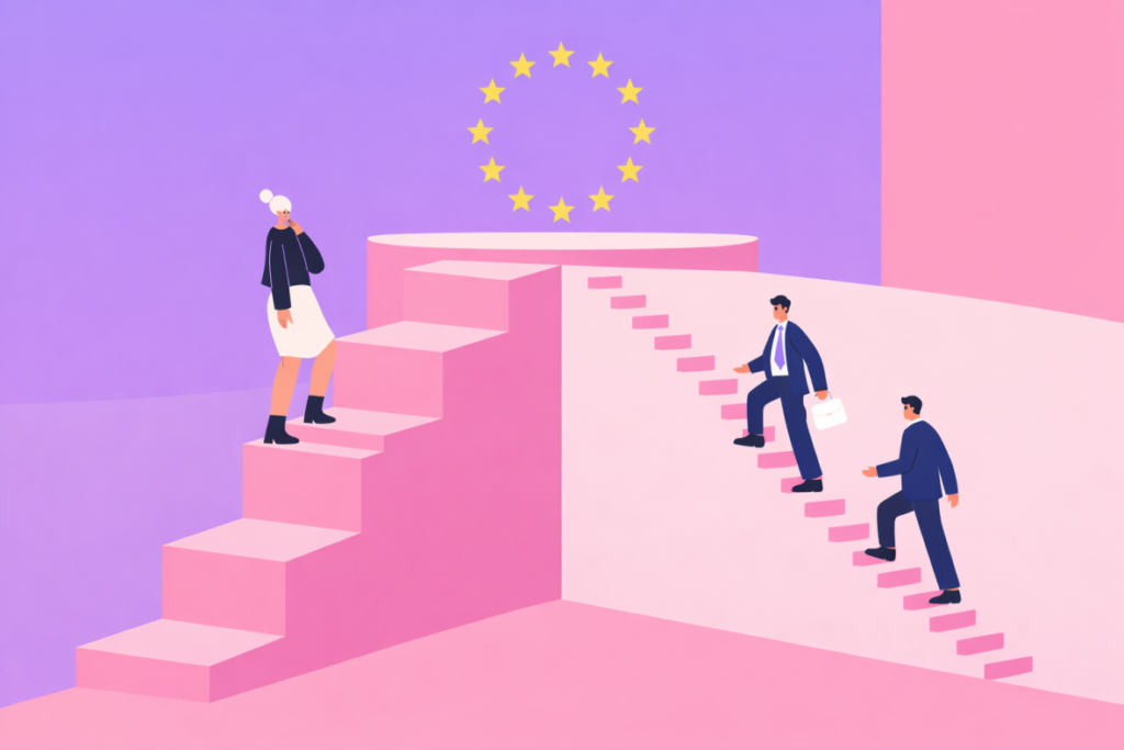 woman climbing a stair to EU